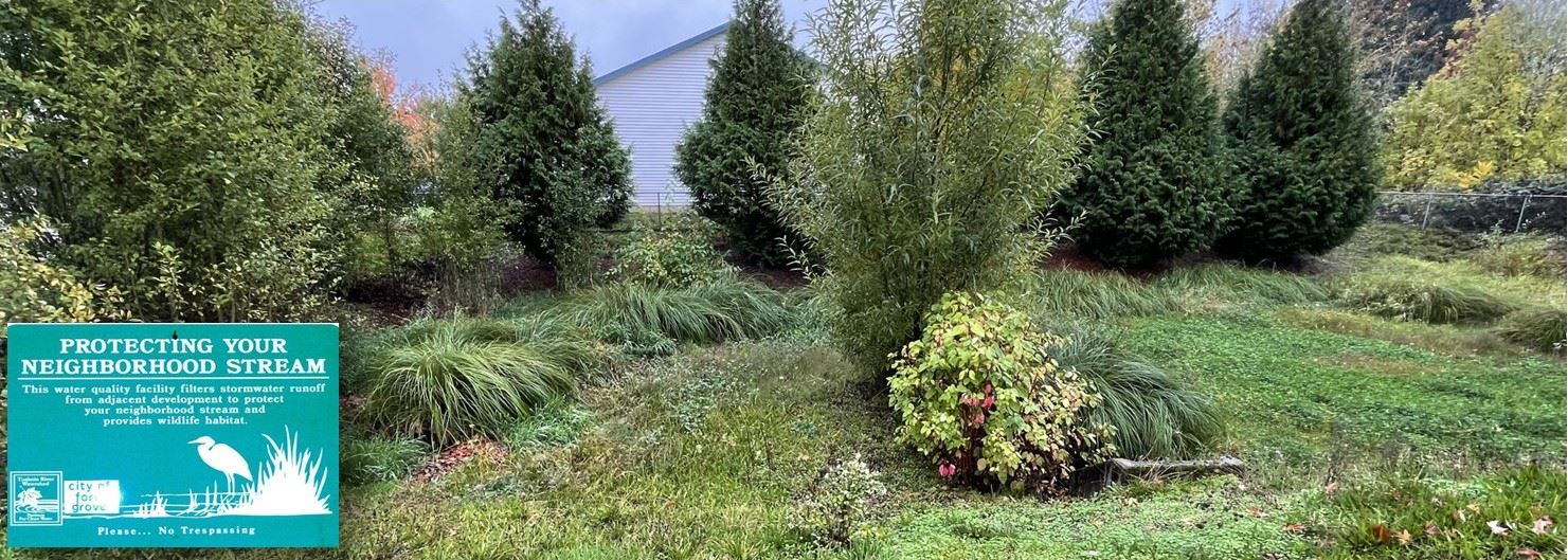 Photo of green water quality facility with a sign 