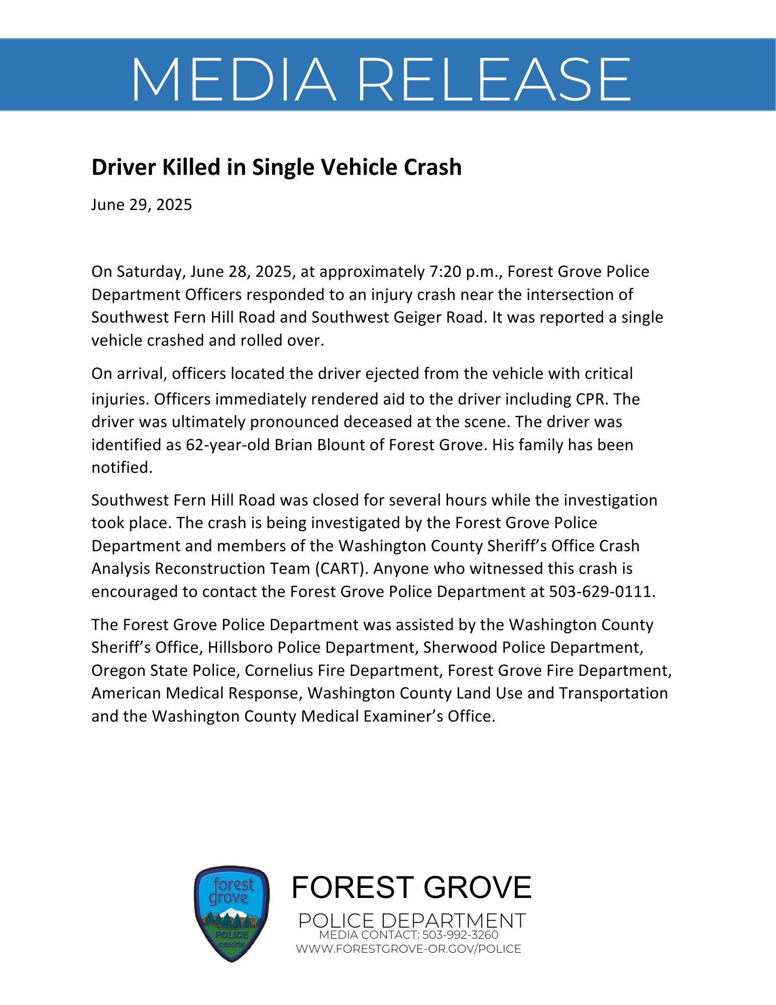 6.29.25 Driver Killed in Single Vehicle Crash