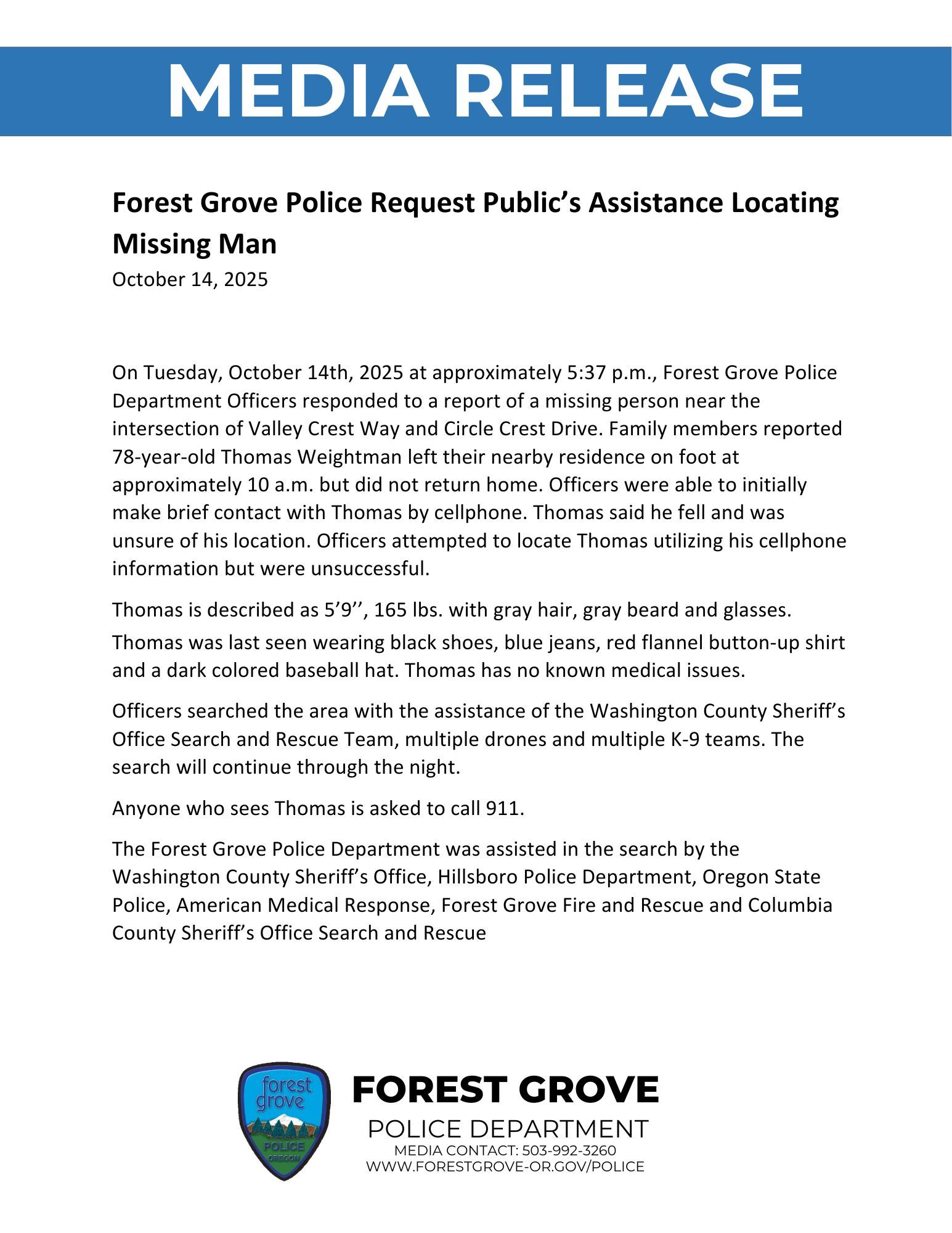 Forest Grove Police Request Public Assistance Locating Missing Man
